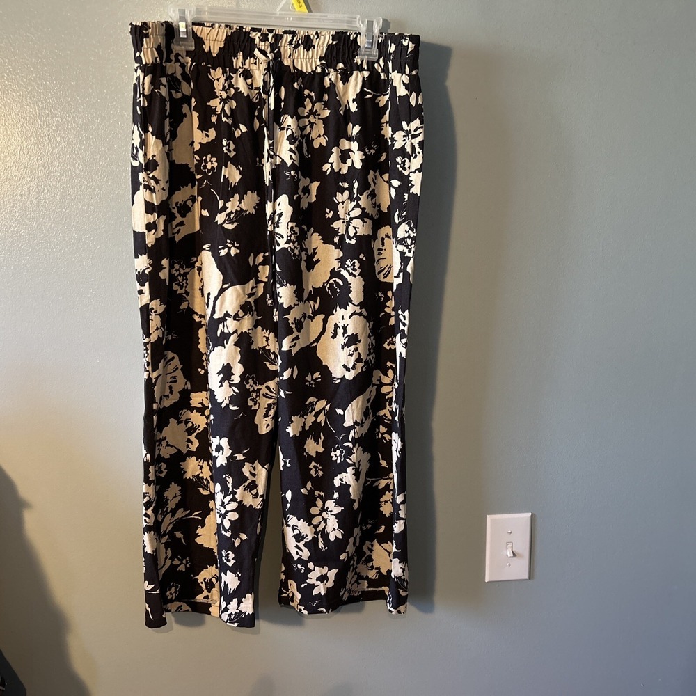Hester & Orchard Women's Linen Blend Pull On Pants Size XL Black Natural Floral